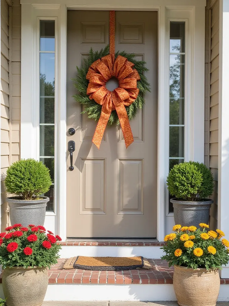 Beautifully decorated front door with seasonal ribbon accents