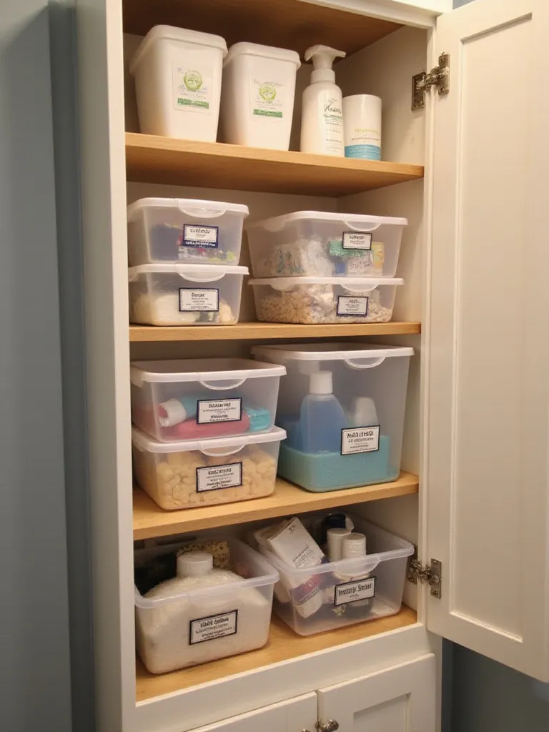 Organized bathroom cabinet with clear stackable bins displaying toiletries and cleaning supplies.