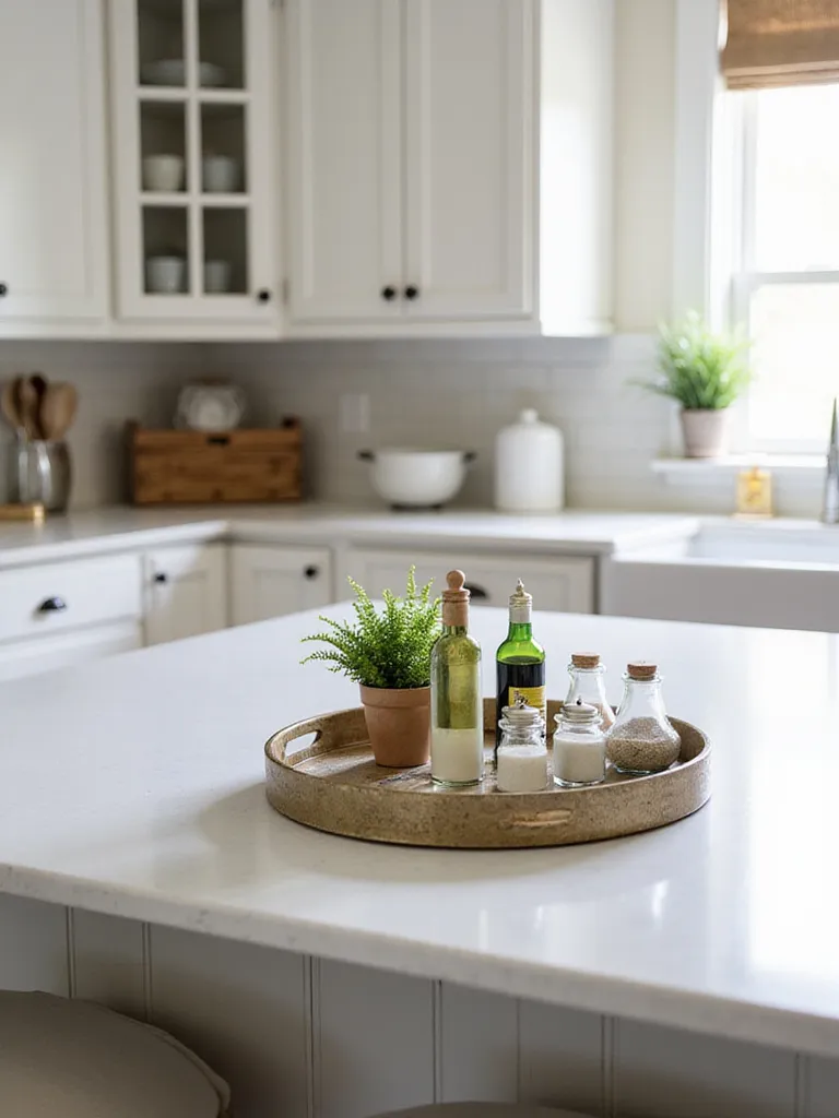 Decorative trays on a kitchen island holding everyday essentials.