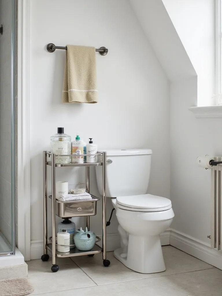 A modern bathroom with a slim rolling cart between the toilet and wall, filled with toiletries.
