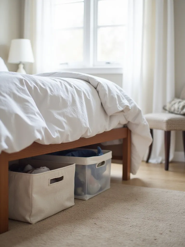 Organized bedroom with under-bed storage bins