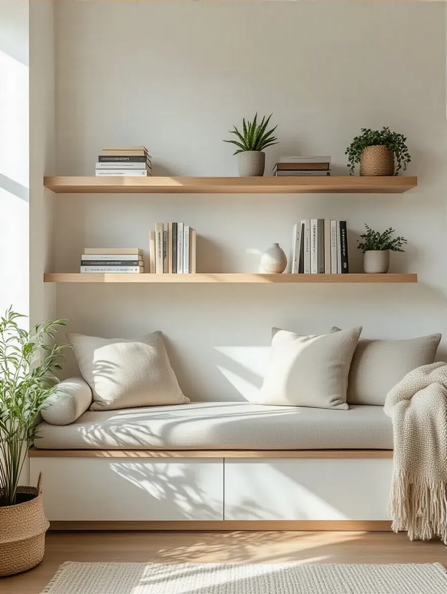 Modern apartment living room with white oak floating shelves above a compact sofa, showcasing minimalist decor and open floor space