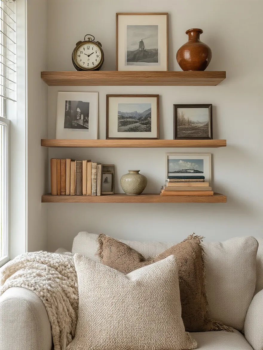 Apartment living room corner with curated collected decor including antique clock, framed photos, and vintage books on a floating shelf