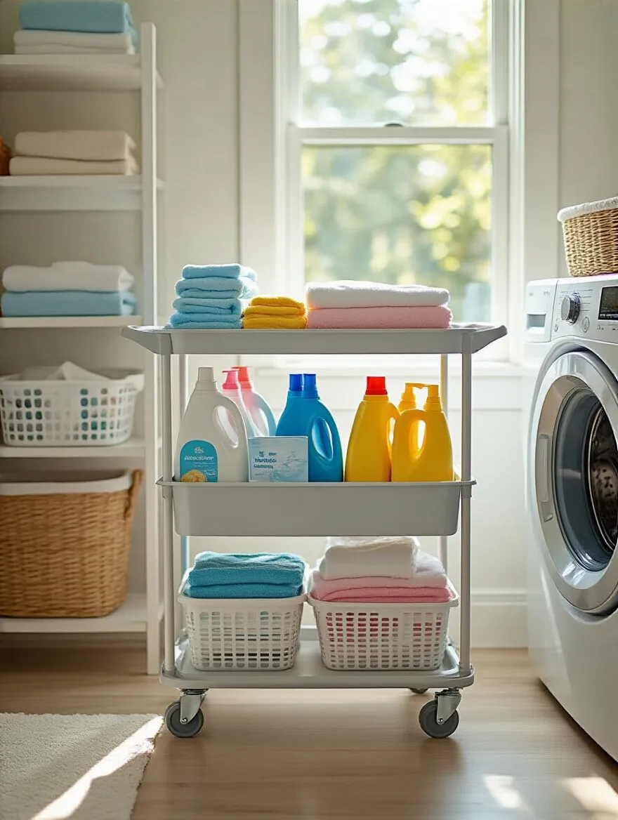 A portable cart filled with laundry supplies in an organized laundry room.