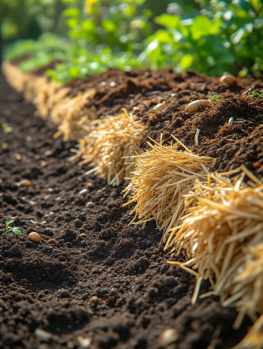 Close-up portrait image of a no-dig garden bed showing layers of compost and organic mulch on rich soil with earthworms and microbial activity