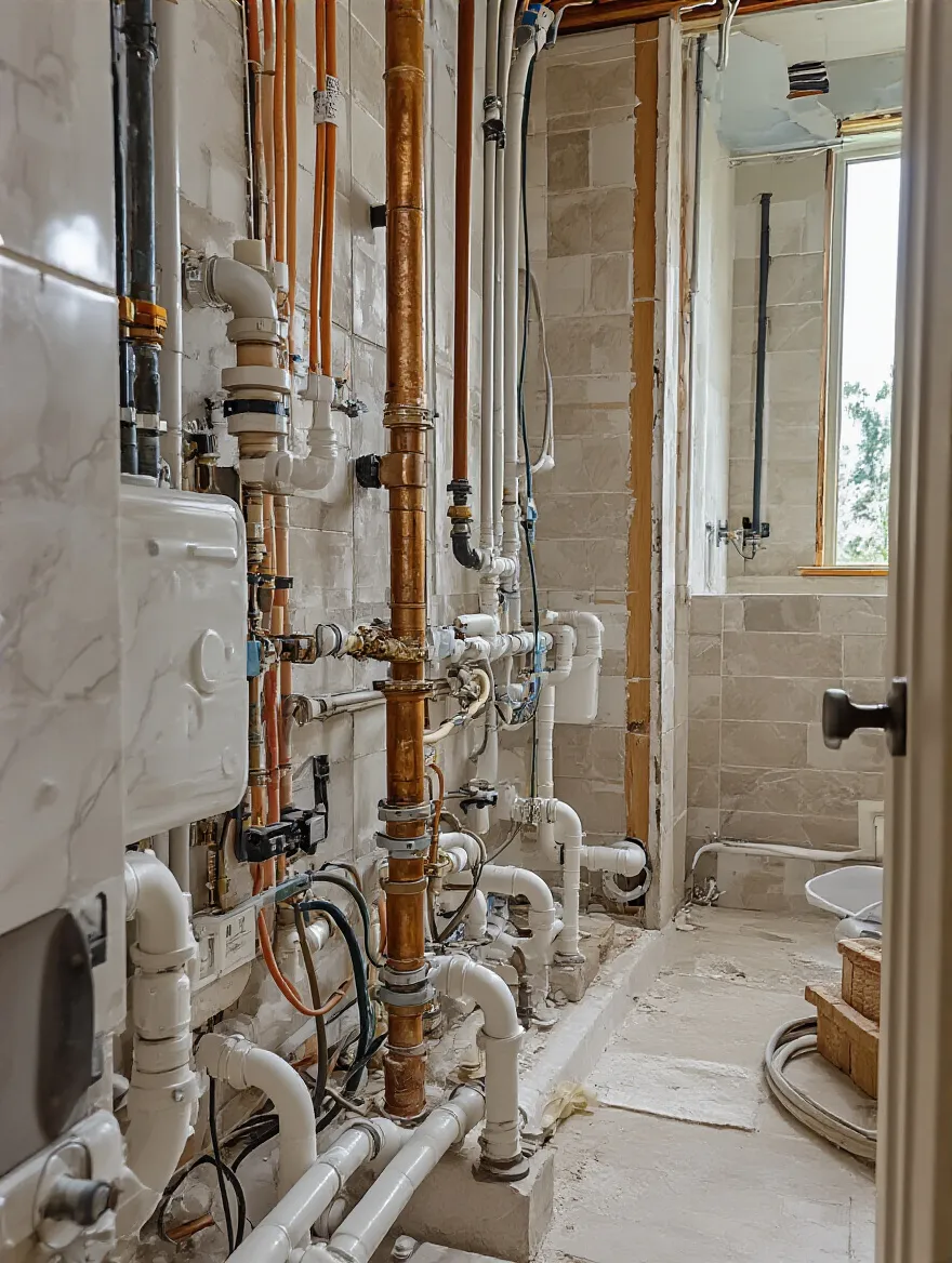 Detailed view of plumbing and electrical lines in a master bathroom renovation site.
