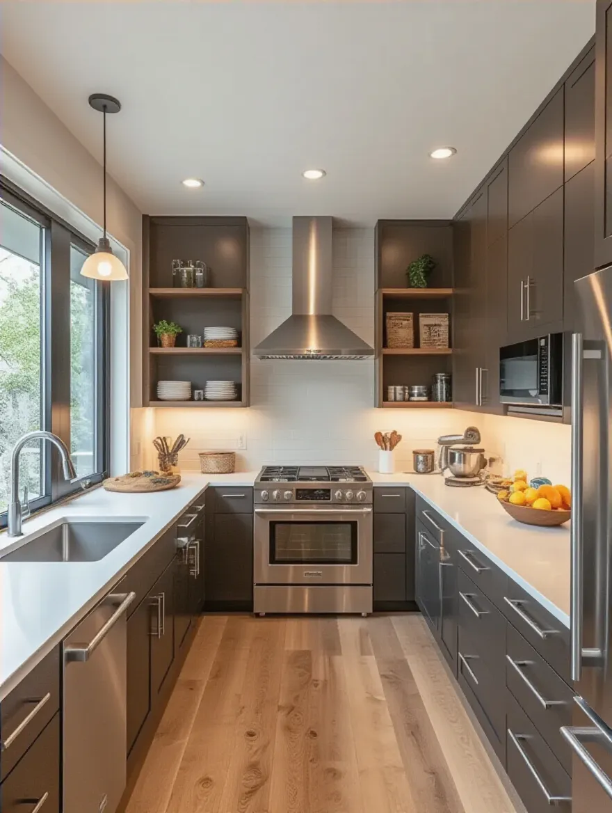 Modern kitchen interior with functional layout and appliances tailored to lifestyle needs, warm natural lighting, no people