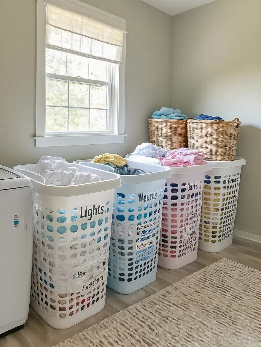 Organized laundry room with designated hampers for sorting laundry loads.