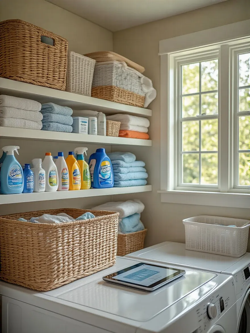 Organized laundry room with supplies and tablet for automated reordering