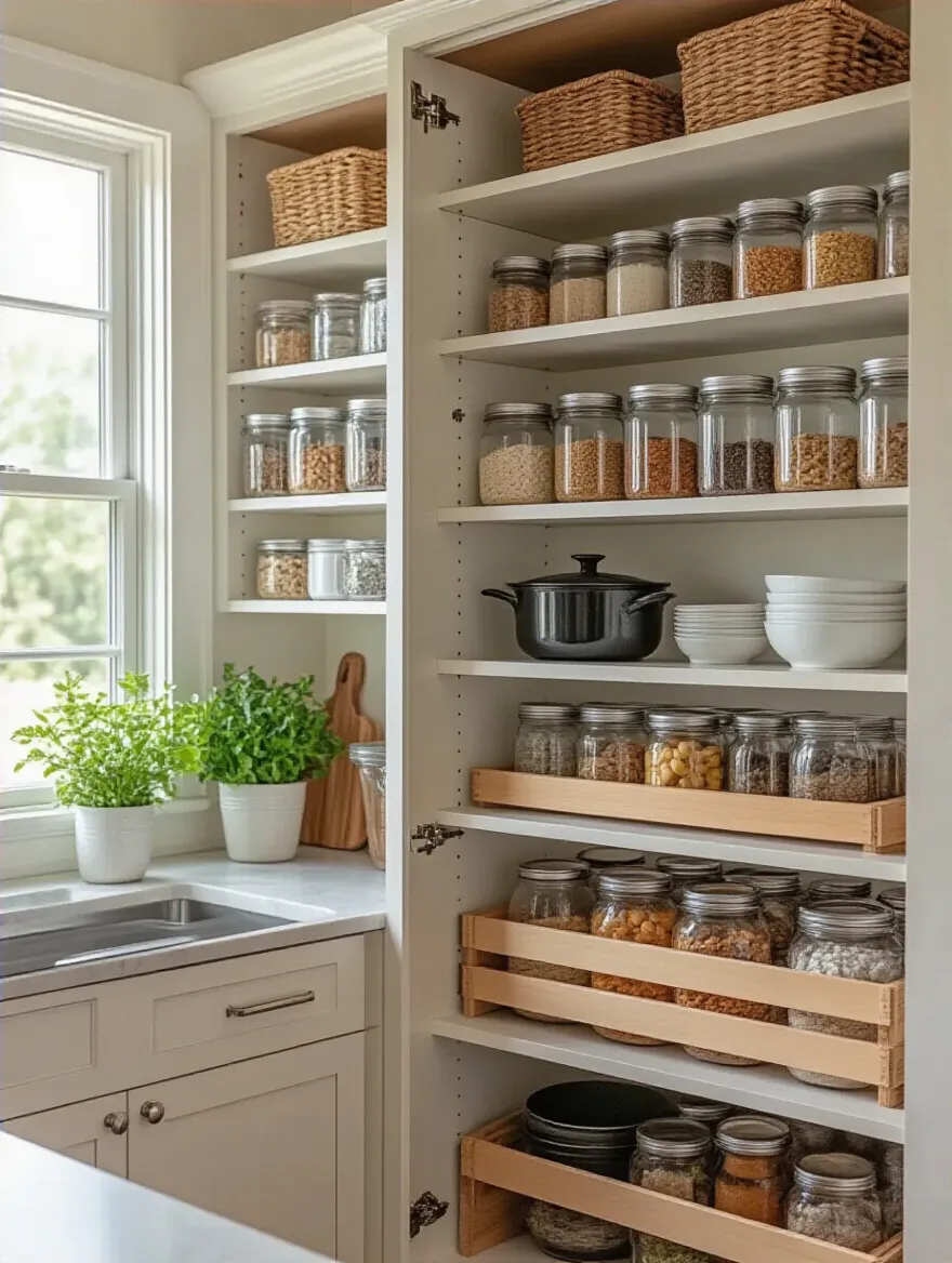 Organized kitchen cabinet with neatly arranged items after decluttering