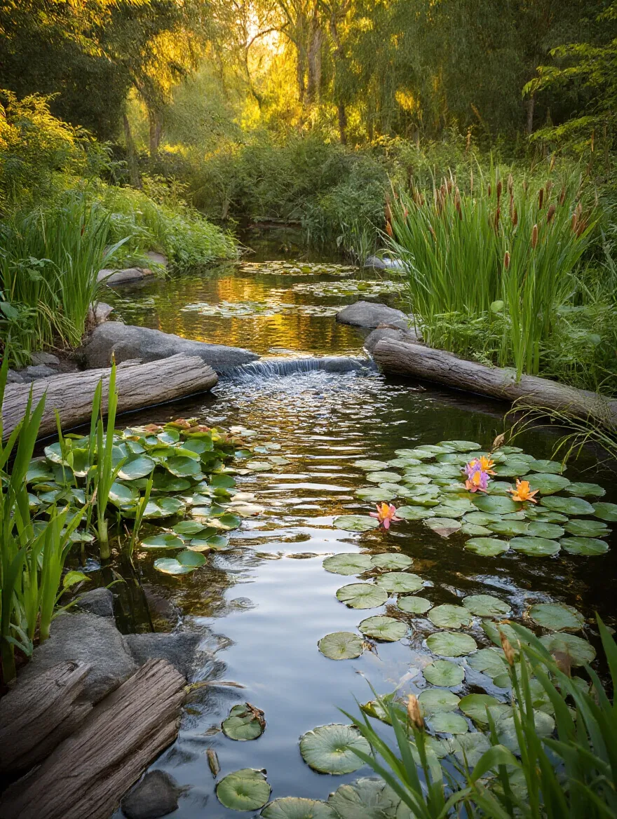 Calming water feature in garden with aquatic plants and natural stone edges attracting wildlife