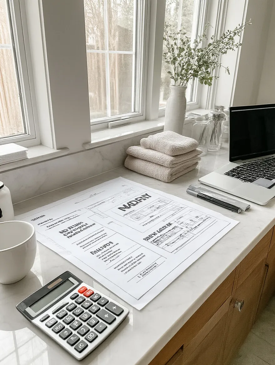 Budget planning for a bathroom renovation with papers and a calculator on a modern countertop.