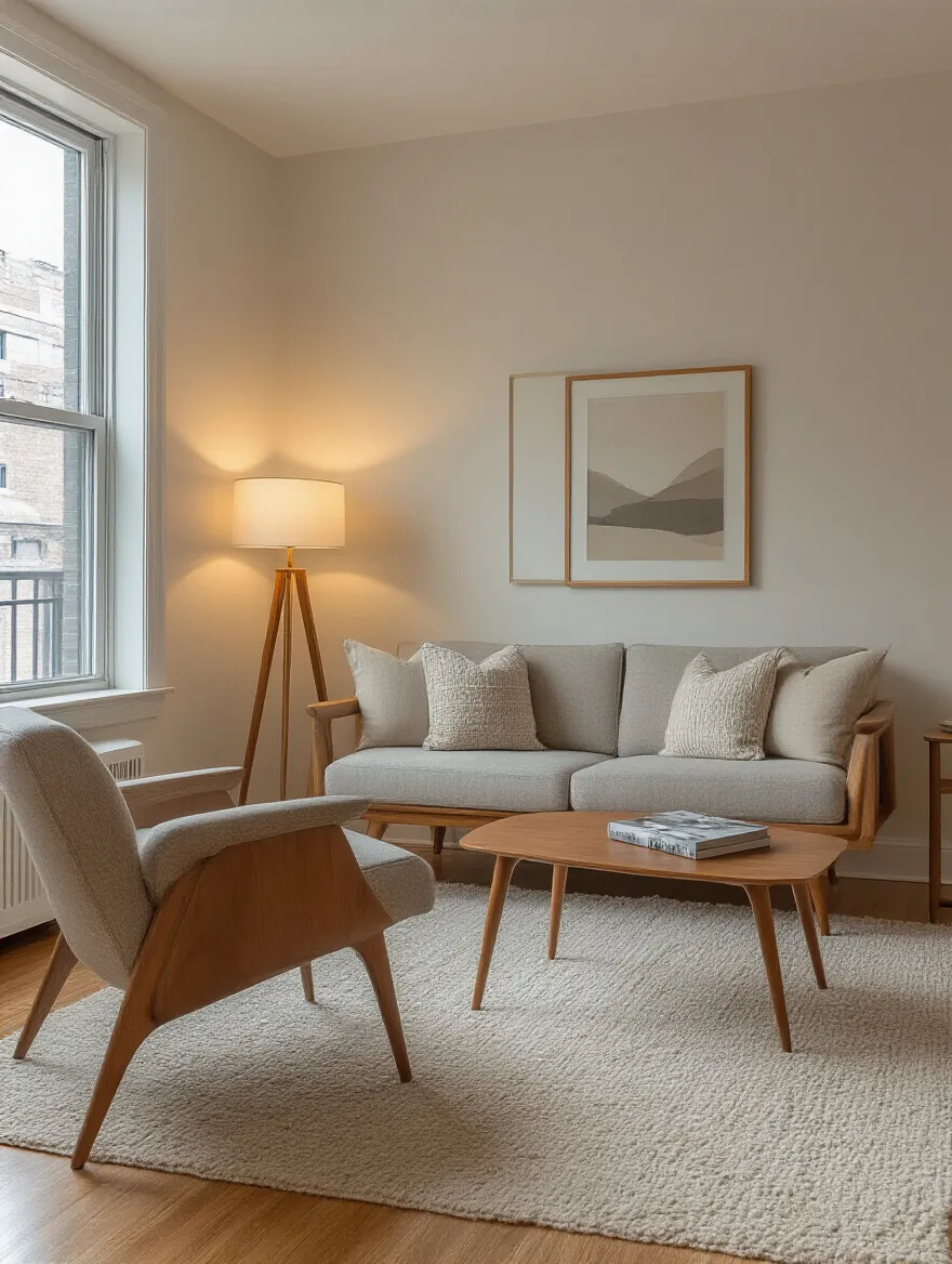 Compact apartment living room with slim-profile loveseat and low-back accent chair showcasing appropriately scaled furniture