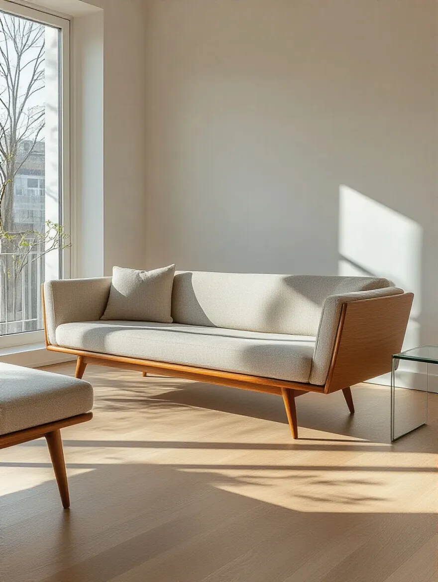 Modern apartment living room featuring slim-profiled seating with slender legs and narrow arms on light hardwood flooring, illuminated by natural daylight.