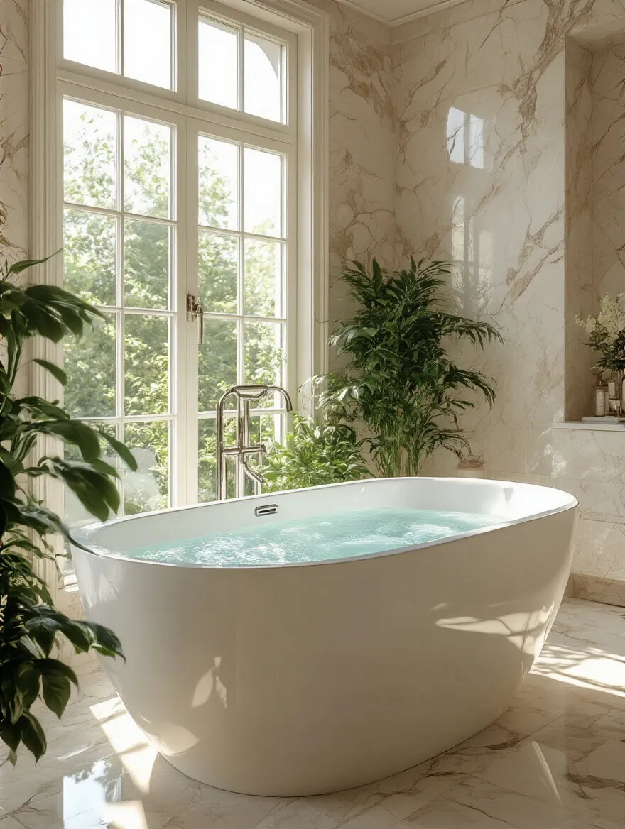Luxurious freestanding soaking tub in a serene master bathroom setting