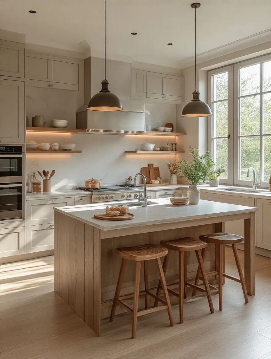 Modern kitchen with ideal island configuration showcasing flow, seating, and workspace.