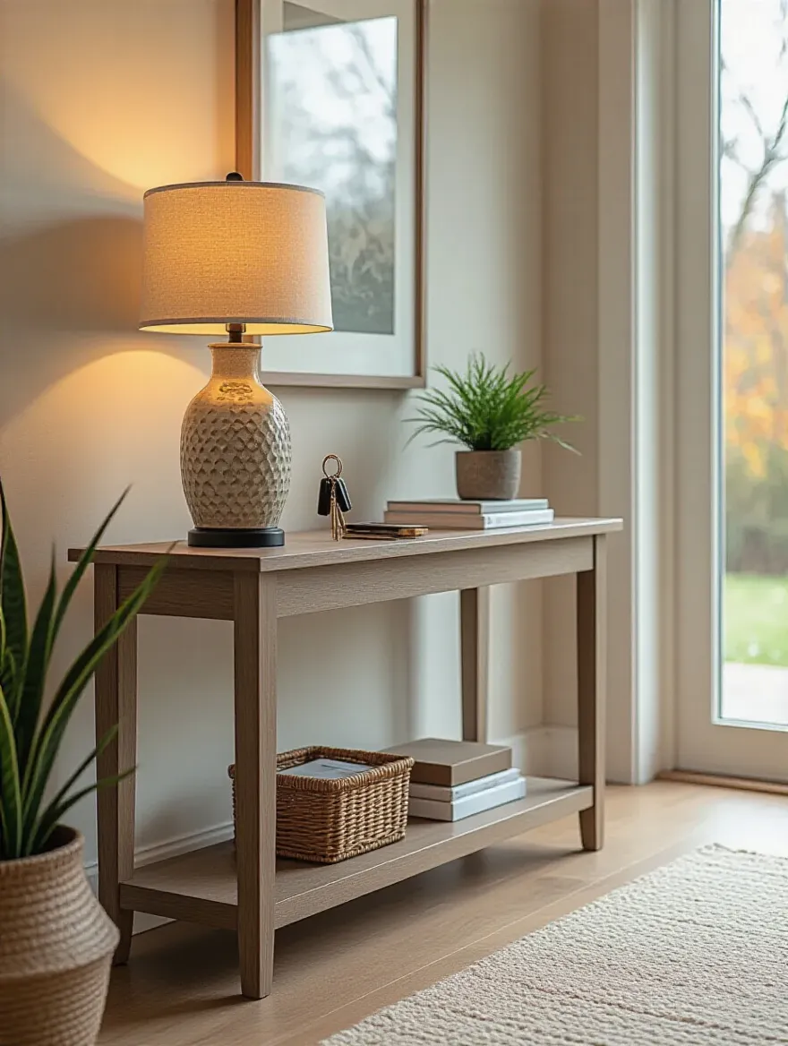 A stylish slim console table in a modern entryway with decorative items.