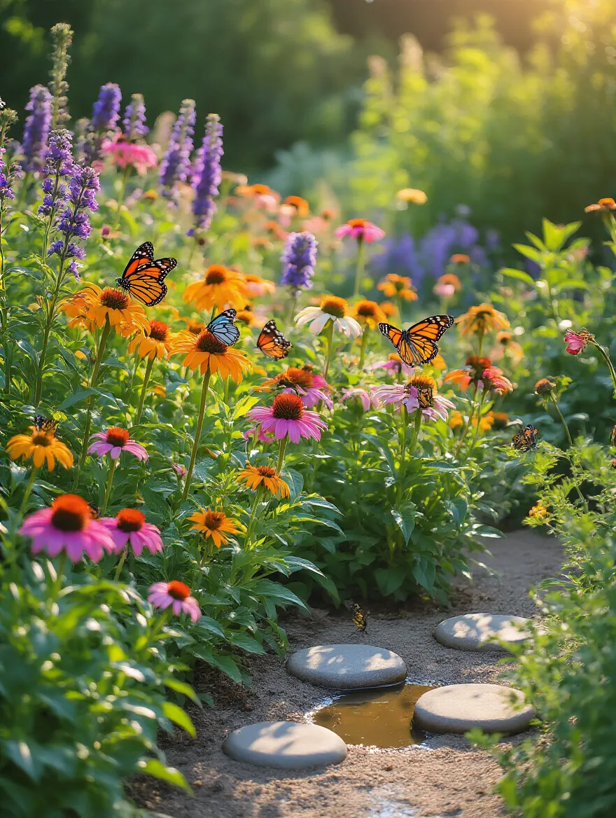 Portrait image of a vibrant butterfly garden with native nectar plants and butterflies in warm natural sunlight