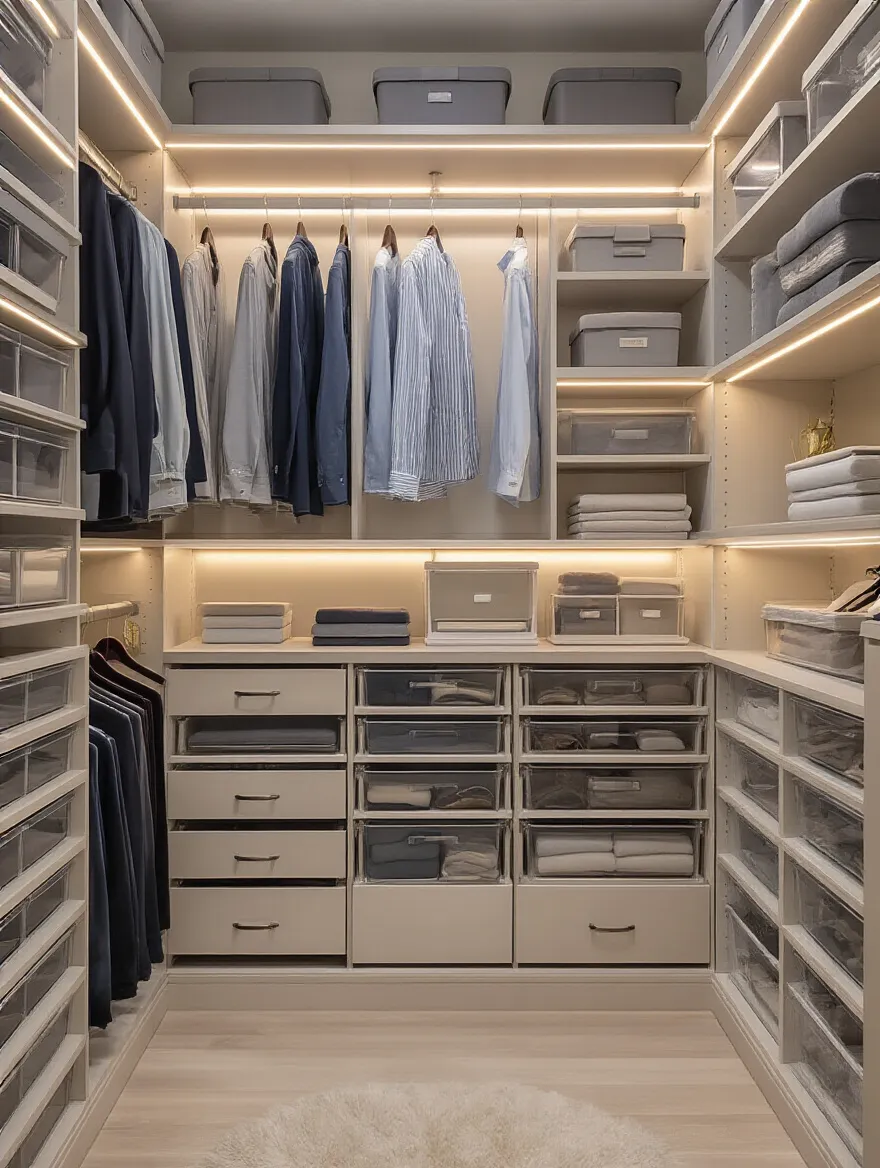 Highly organized and efficient closet system with modular shelves, velvet hangers, and clear storage bins