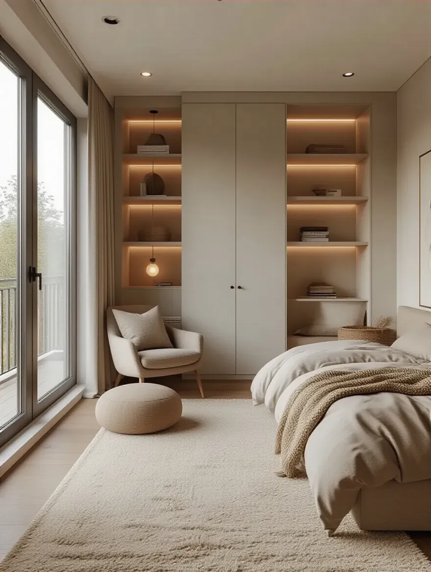 Modern minimalist bedroom interior with built-in storage, cozy reading nook, and blackout curtains emphasizing style and function