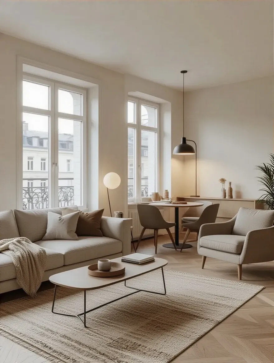 Modern apartment living room with clearly defined lounging, dining, and reading zones using rugs and furniture arrangement