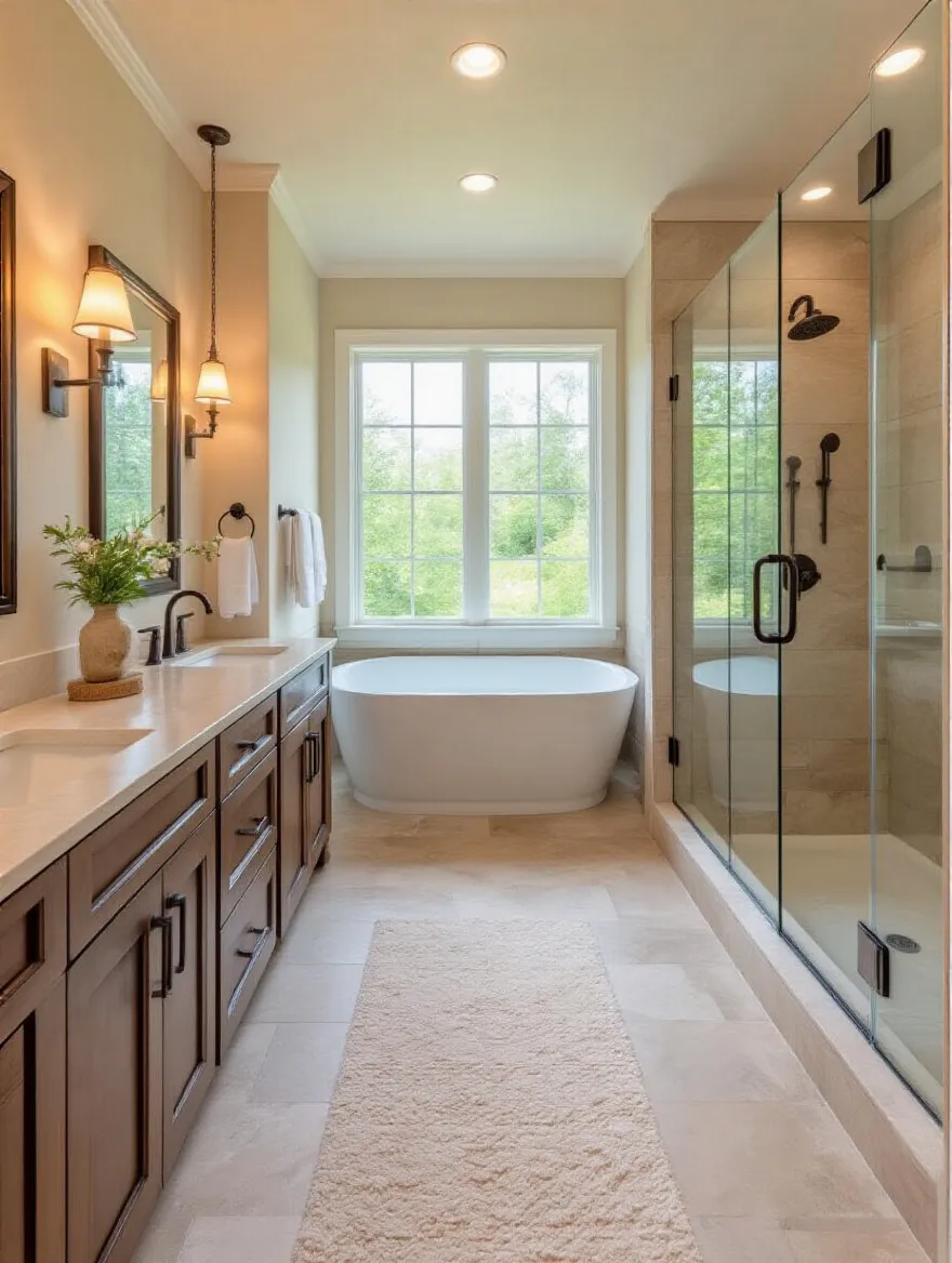 Elegant master bathroom design showcasing optimal layout with a double vanity, walk-in shower, and freestanding tub.