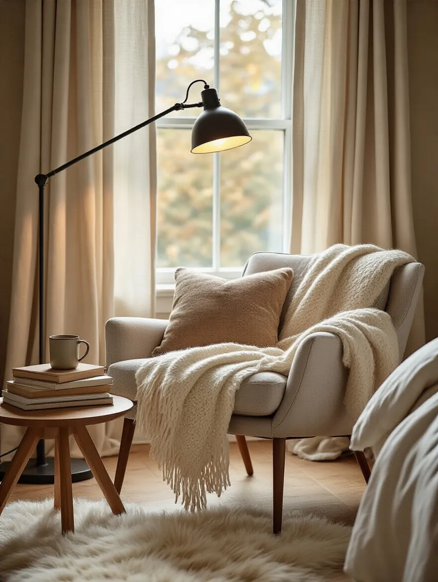 Cozy reading nook with ergonomic armchair, warm lighting, and layered textures in a bedroom corner