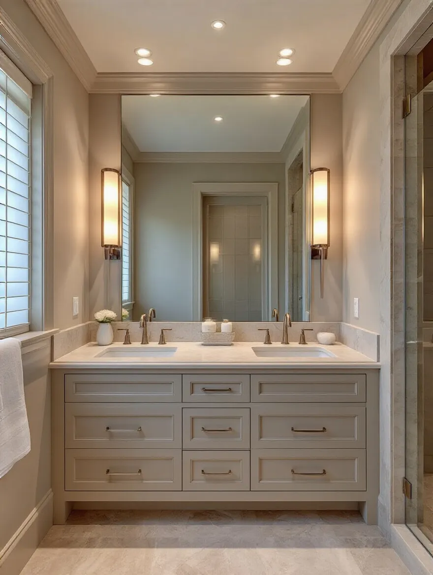 A master bathroom featuring layered lighting design with a focus on task and ambient lighting around the vanity.