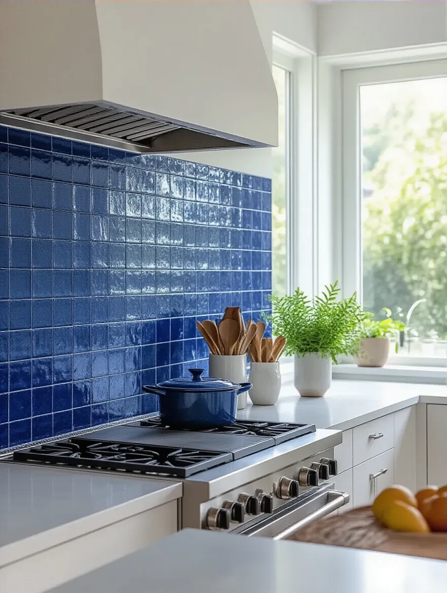 Modern kitchen with deep sapphire blue Zellige tile backsplash, showcasing texture and color contrast.