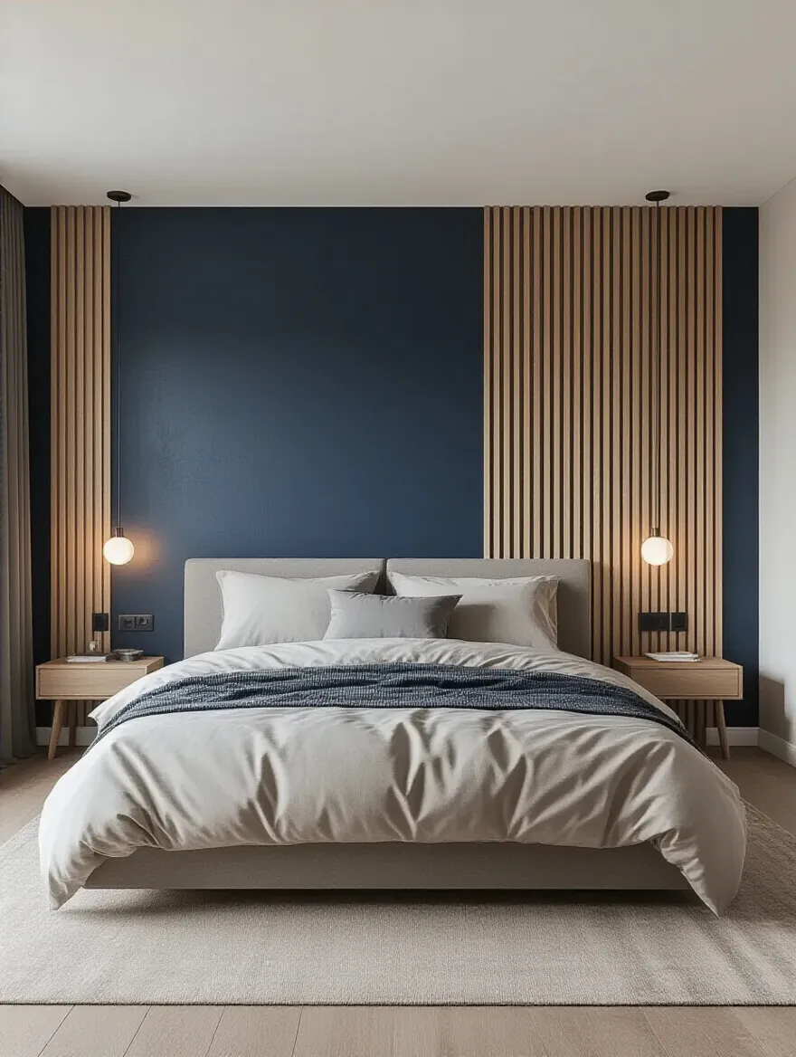 Modern bedroom with a textured deep navy blue feature wall behind the bed, illuminated by soft wall sconces