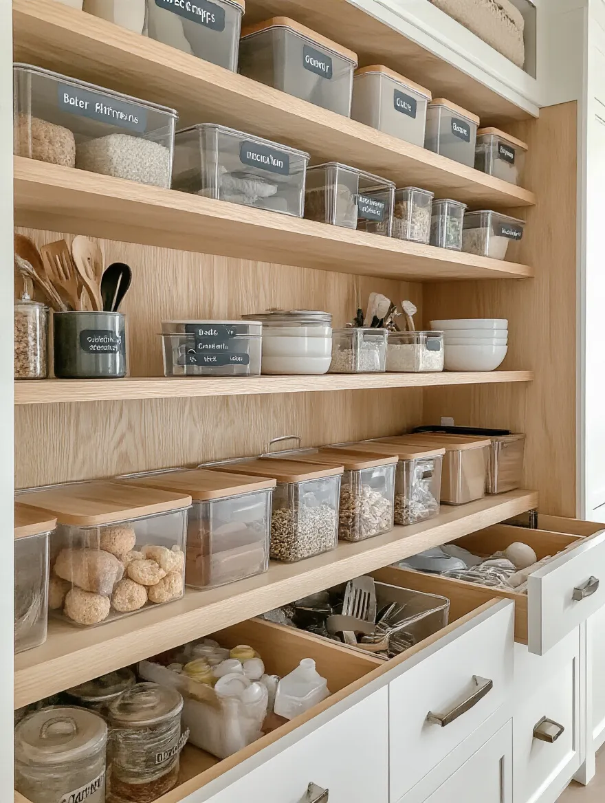 Organized kitchen cabinet with designated zones for workflow