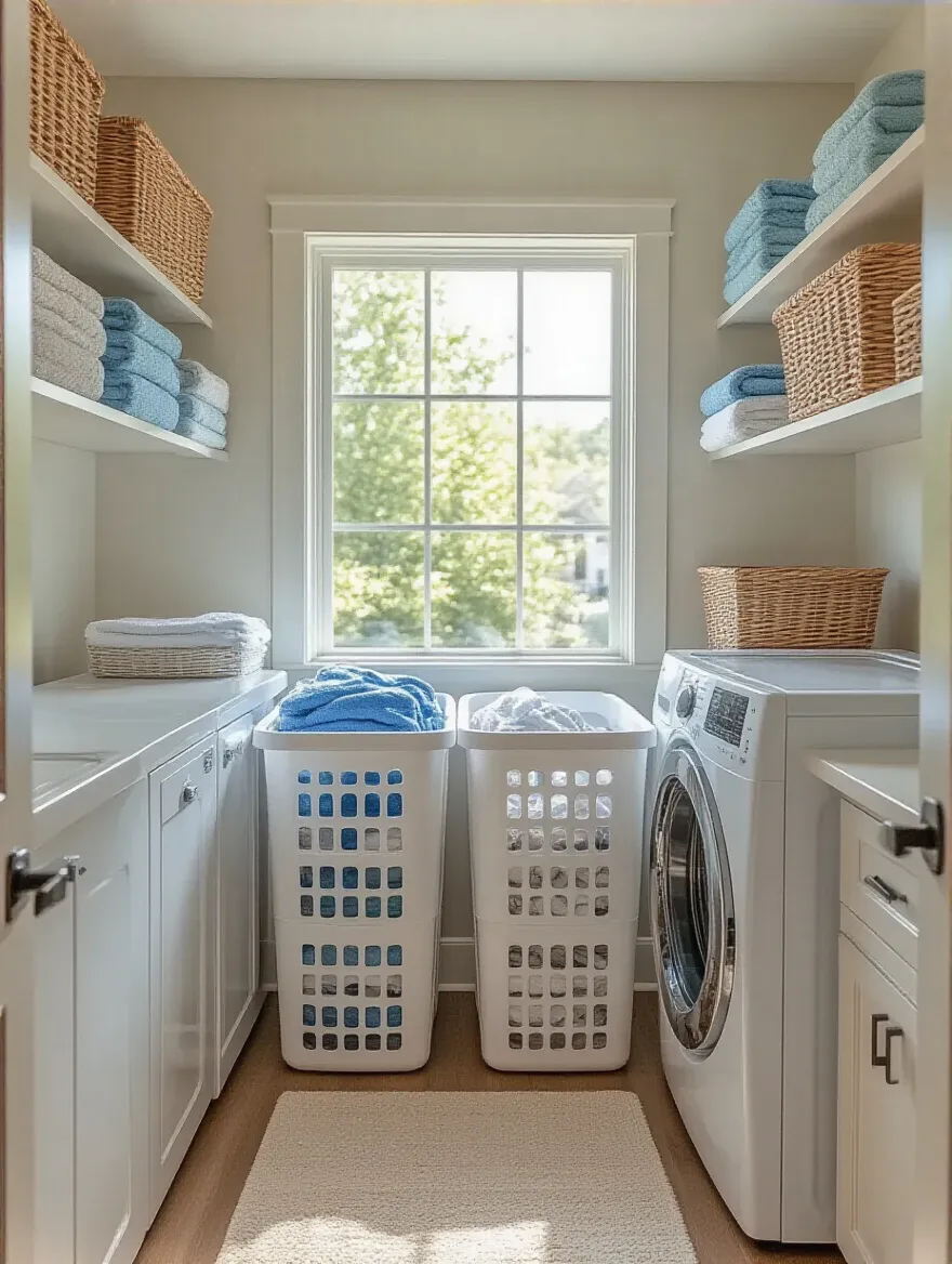 Organized laundry room with multi-compartment hamper for sorting clothes