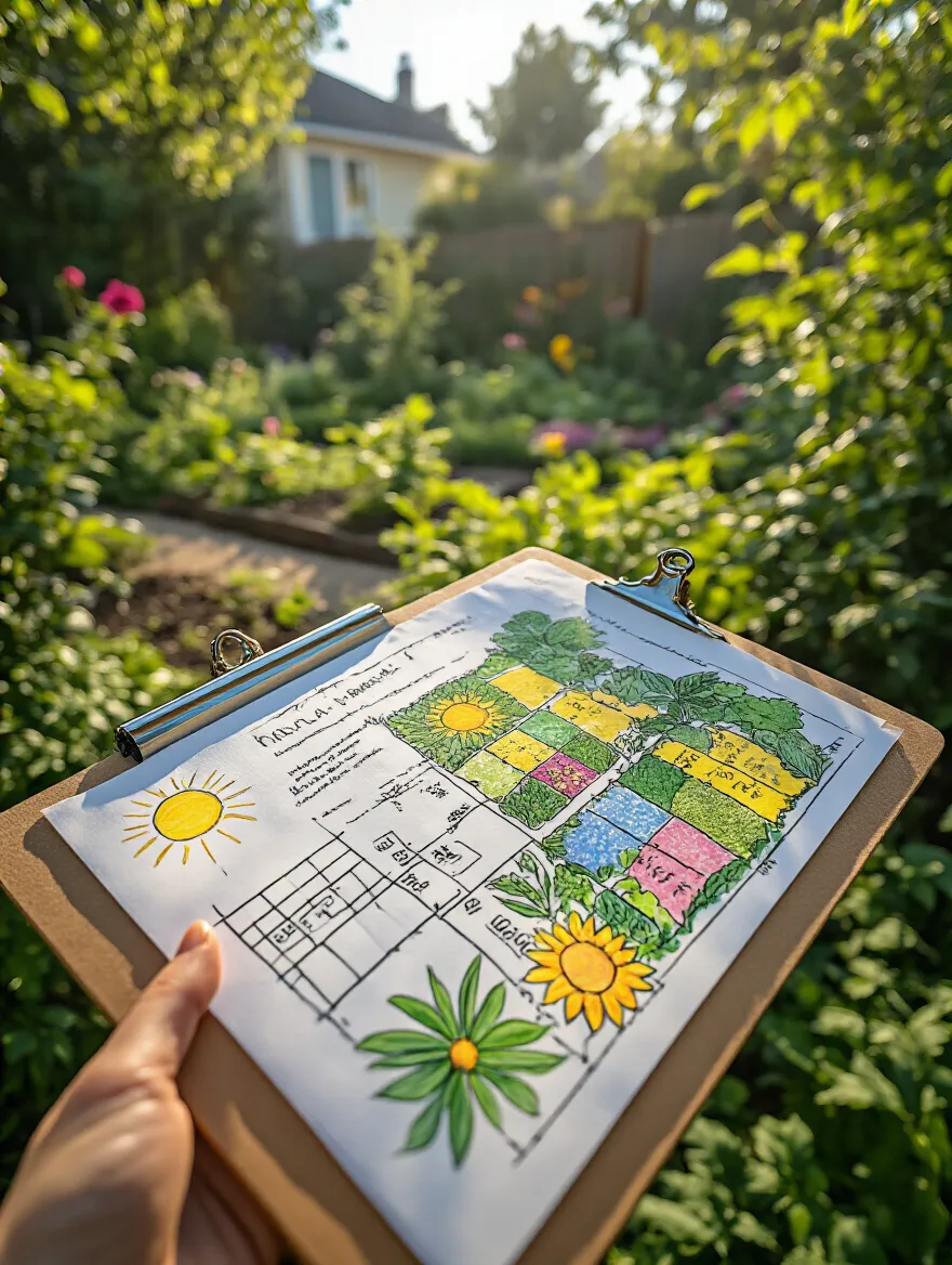 Hand-drawn garden map showing sun exposure zones with natural garden background under morning sunlight