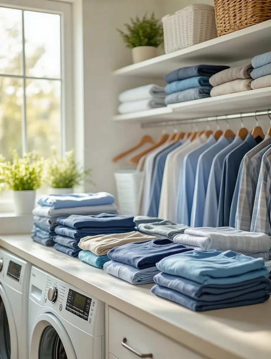 Organized laundry room with neatly folded clothes on a countertop, showcasing a One-Touch Fold and Put Away System.
