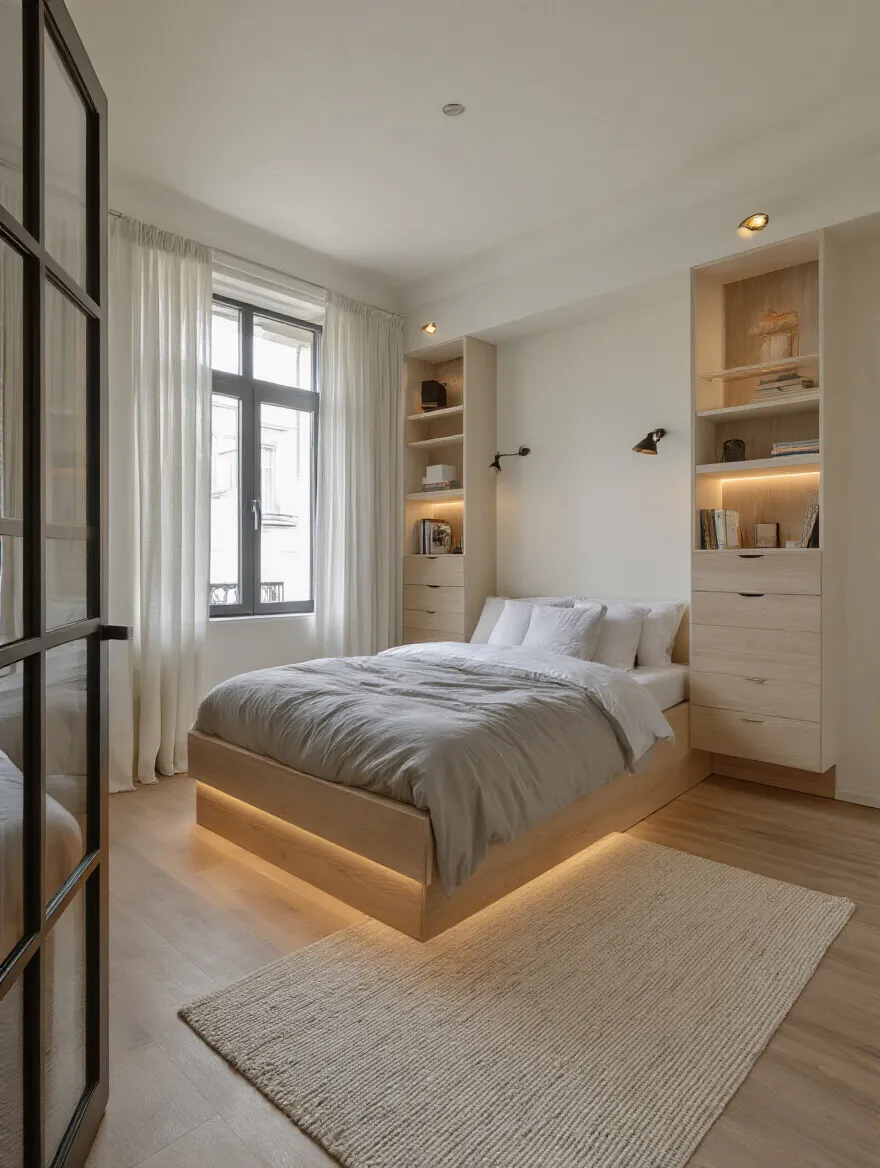 Modern bedroom with an optimal floor plan showcasing space-efficient furniture placement and clear pathways