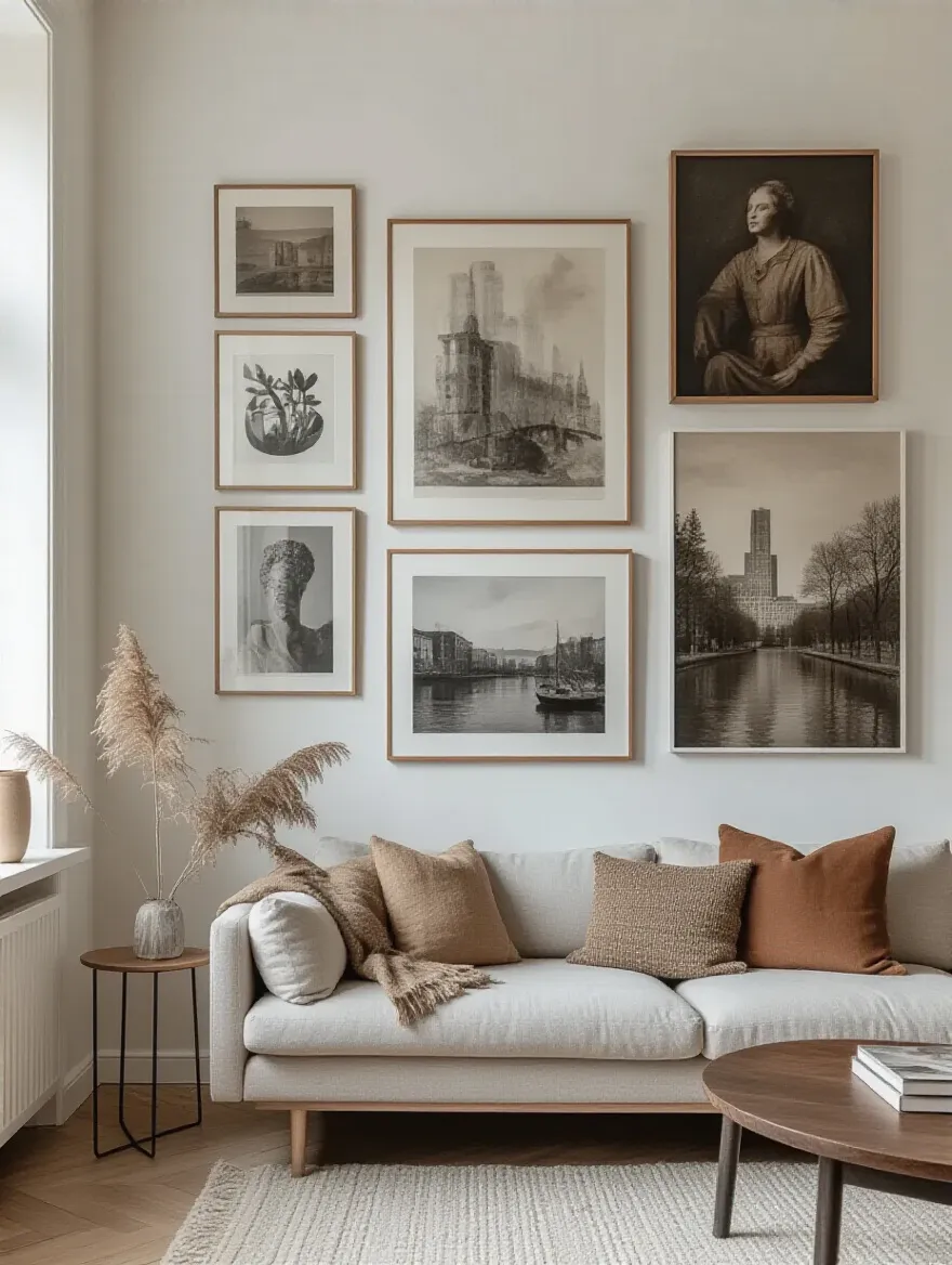 Apartment living room wall with curated art and photography gallery in stylish frames