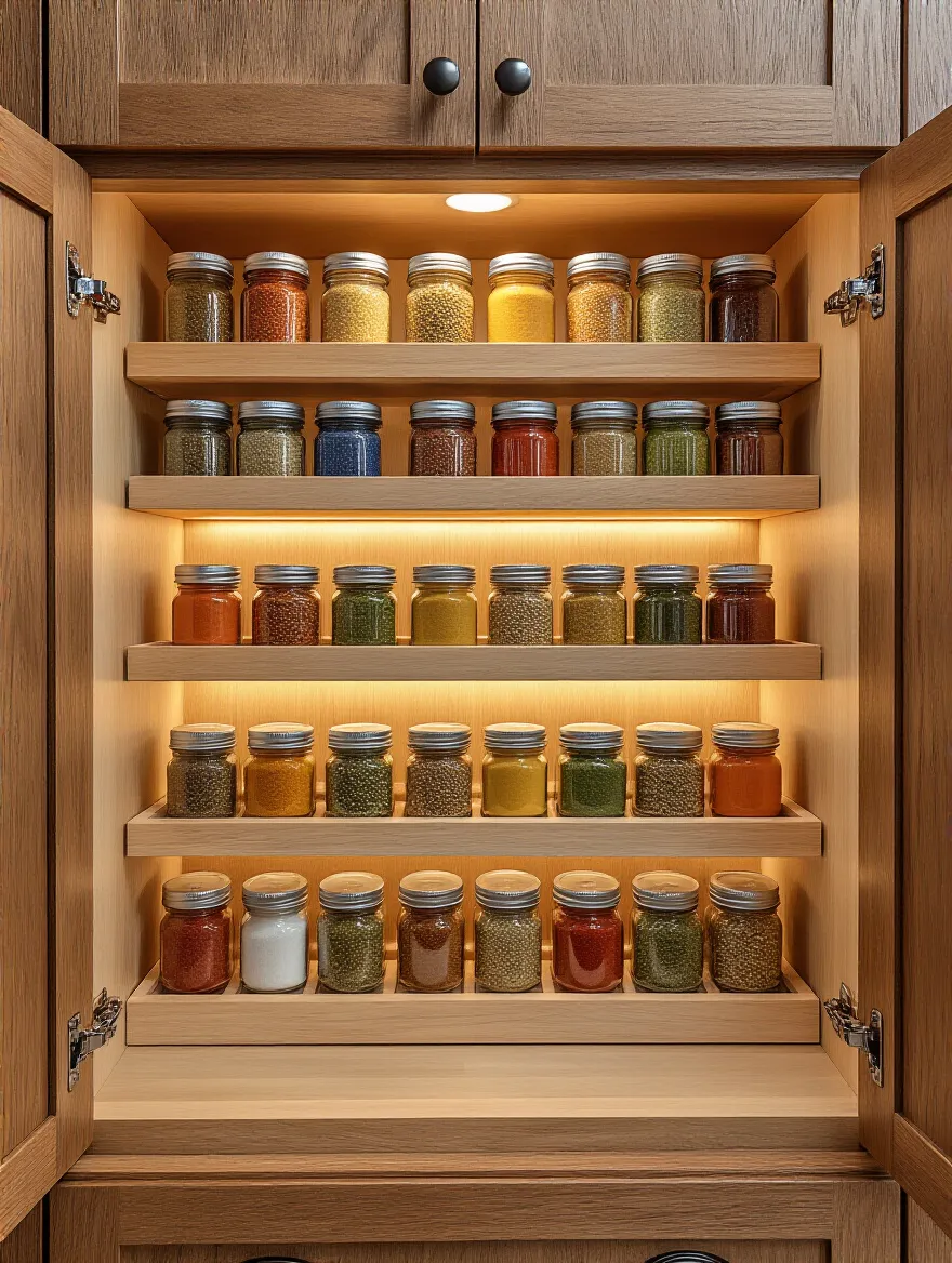 Organized kitchen cabinet with expandable tiered step risers displaying various spice jars