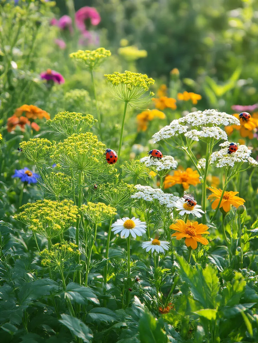 Portrait photo of a chemical-free garden using natural pest control with flowering plants and beneficial insects in natural light