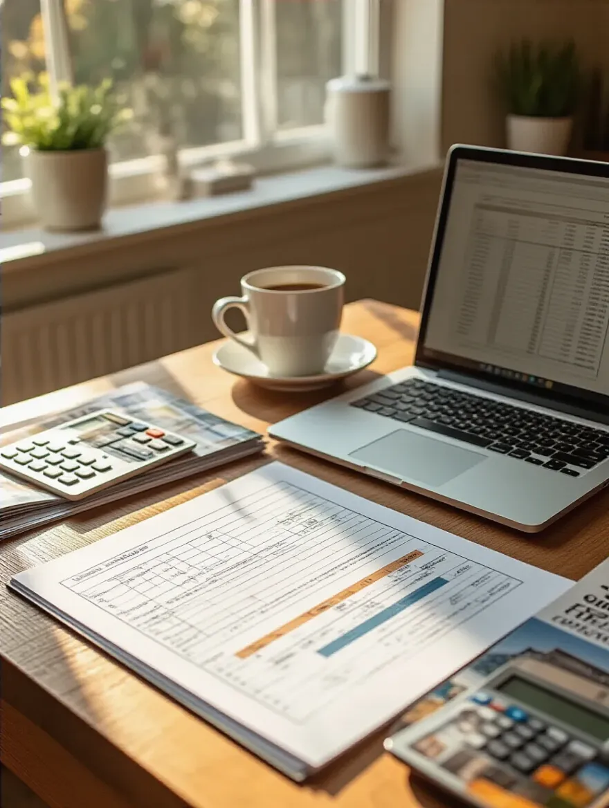 A well-organized kitchen remodel budgeting workspace with a laptop, calculator, and renovation magazines.
