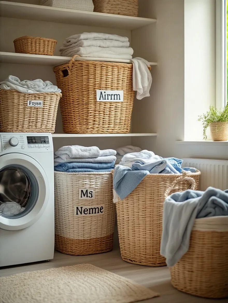 Organized laundry room with labeled baskets for different family members