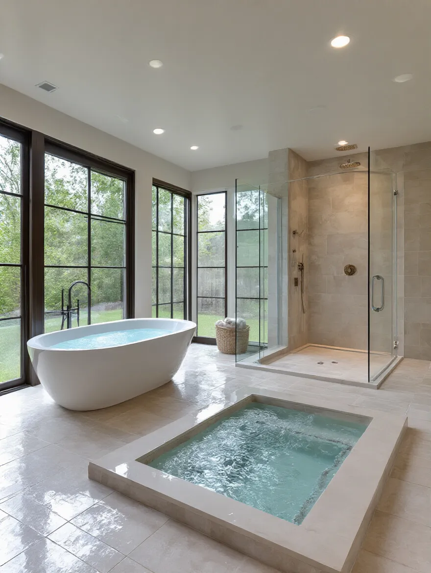 Luxurious wet room design with dual rain shower and soaking tub