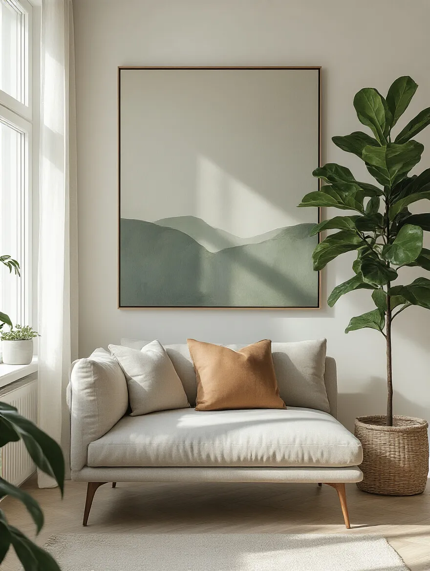 Stylish living room featuring plants and art for elevation