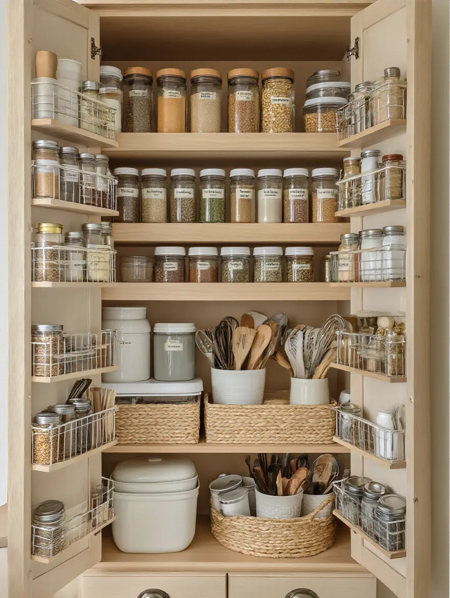 Organized kitchen cabinet with grouped similar items for easy access