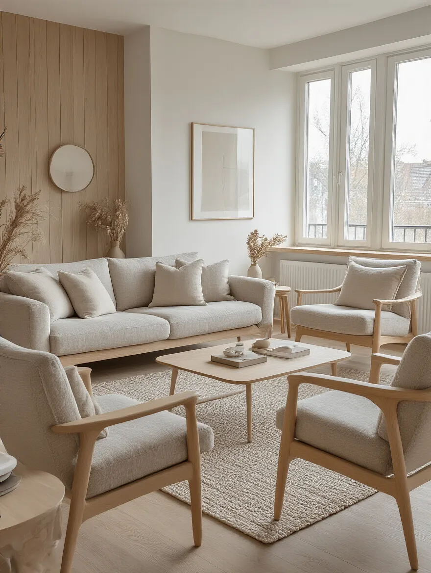 A harmonious Scandinavian-style living room with light wood furniture and neutral tones.