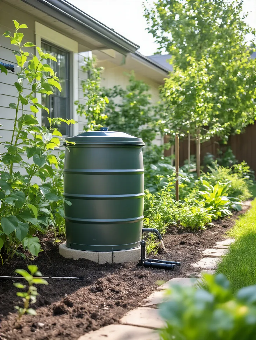 Rainwater harvesting system with rain barrel and garden irrigation setup in a sunny outdoor garden