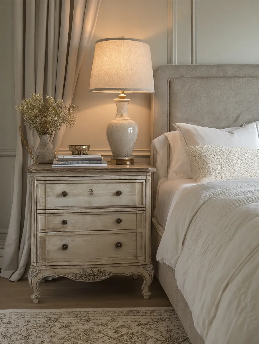 Stylish bedroom with a nightstand matching the bed's aesthetic