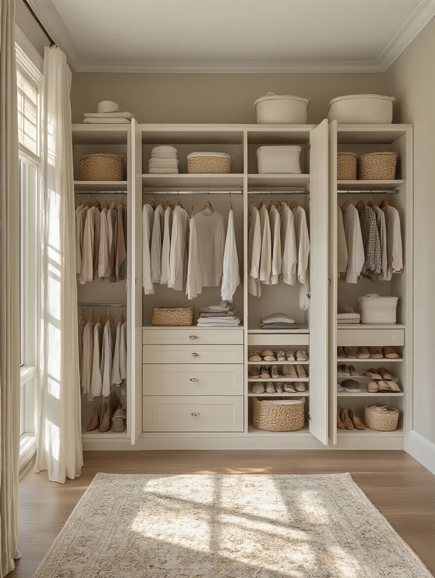 Serene bedroom with custom built-in storage and organized closet.