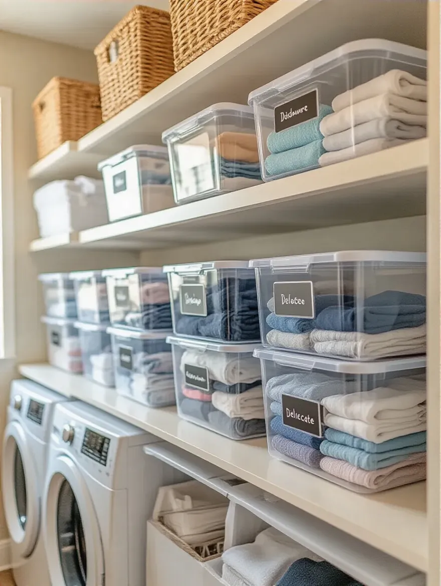 Organized laundry room with clear bins for sorting smaller items