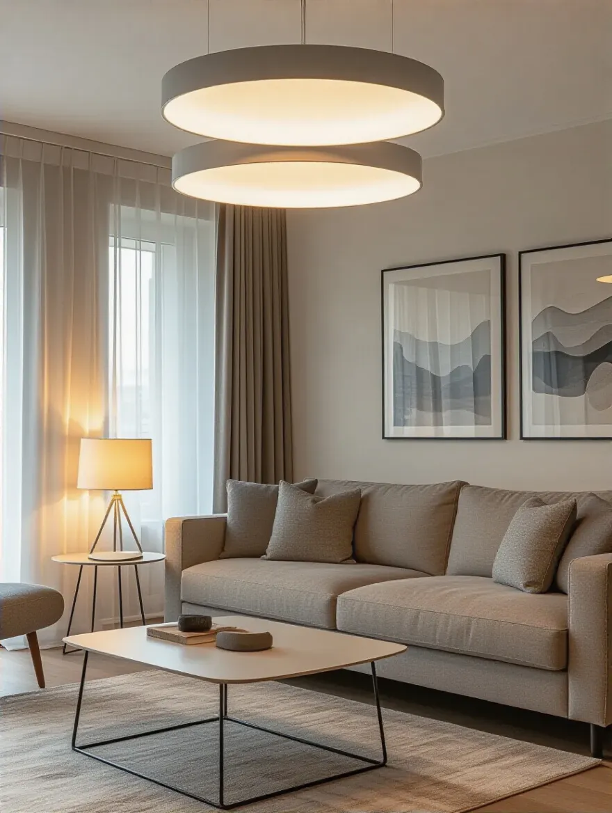 Apartment living room with layered lighting including ambient, task, and accent lights creating versatile ambiance