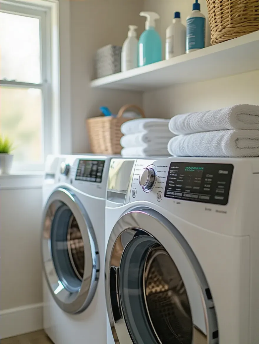 Clean and organized laundry room with washing machine and dryer